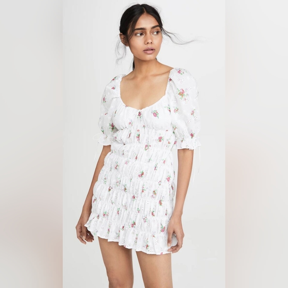 Beige Botany Floral Smocked Puff Sleeve Mini Dress Size M